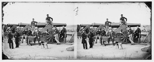 Washington, District of Columbia. Officers and men, 3d Regiment Massachusetts Heavy Artillery by Columbiad guns, Fort Totten
