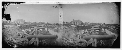 Yorktown, Virginia. Naval battery with Nelson church in background used as a hospital
