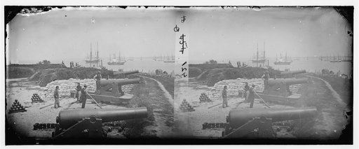 Yorktown, Virginia. Confederate battery. Magruder with 8-inch Columbiads. Federal transports in the river