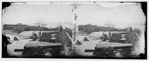 Yorktown, Virginia. Confederate battery. Magruder with 8-inch Columbiads. Federal transports in river