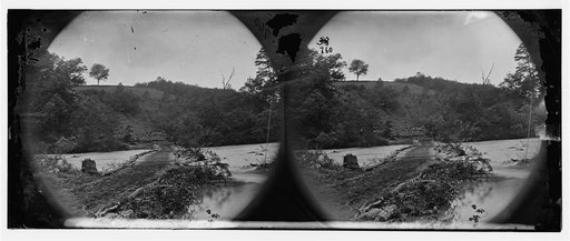 North Anna River, Virginia. View of log bridge at Quarles' mill. Where a portion of the 5th Corps under Gen. Warren had to cross and carry the enemy's line of works on the crest of the hill