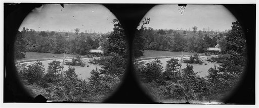 North Anna River, Virginia. Quarles' mill from the south side. General headquarters, Army of the Potomac in the distance