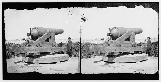 Dutch Gap Canal, James River, Virginia. Confederate battery on James River above Dutch Gap Canal. (Navy broadside 42-pdr. with reinforced breech)
