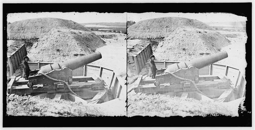 Dutch Gap Canal, James River, Virginia. Confederate Battery Brooke on James River above Dutch Gap Canal