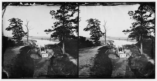 Dutch Gap Canal, James River, Virginia. Gun in Battery Brooke on James River above Dutch Gap Canal