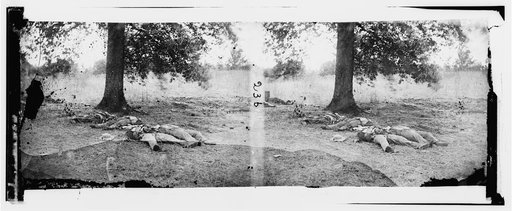 Gettysburg, Pennsylvania. Confederate soldiers who had evidently been shelled by our batteries on Round Top