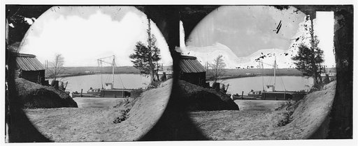 Varina Landing, James River, Virginia. View of pontoon bridge and supply boat