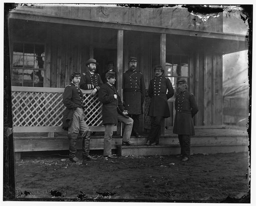 Aquia Creek Landing, Virginia. Group of officers: Col. [Rogers], Lt. Col. Sawtelle, Dr. Whyte, Capt. McGraw and Capt. J.W. Forsyth, Provost Marshal, Major A. Parker Porter