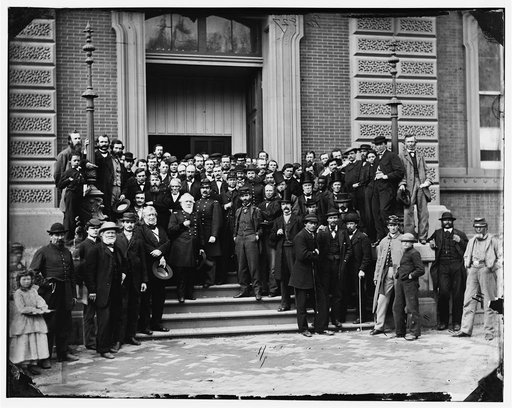 Washington, District of Columbia. Brig. Gen. Charles Thomas, Assistant Quartermaster General and other staff on steps of Quartermaster General's office, Corcoran's Building, 17th Street and Pennsylvania Avenue, N.W.