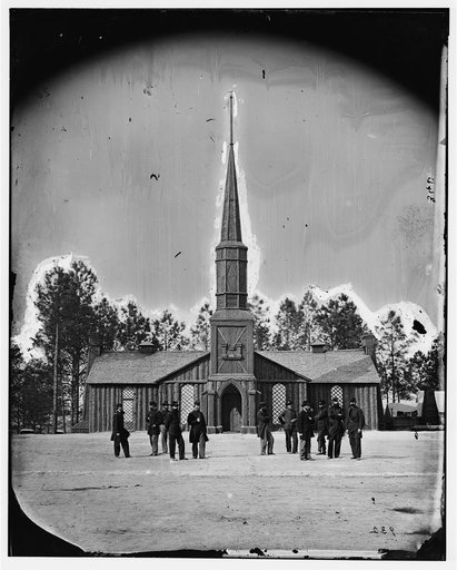 Poplar Grove, Virginia. Log church built by the 50th New York Engineers, with the engineer insignia above the door