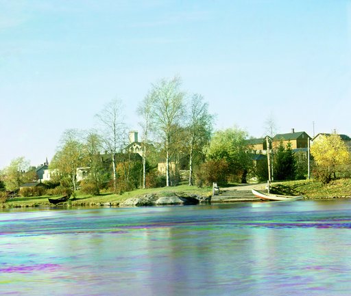 Part of the city and wharf of boats, Nyslott (Savolinna), Finland