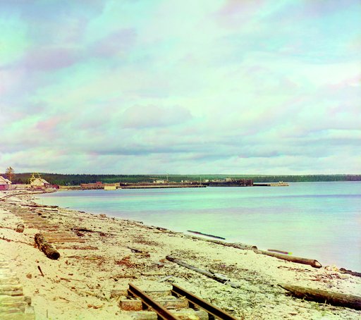 View on wharf near Medvezhya Gora station on inlet of Onega Lake