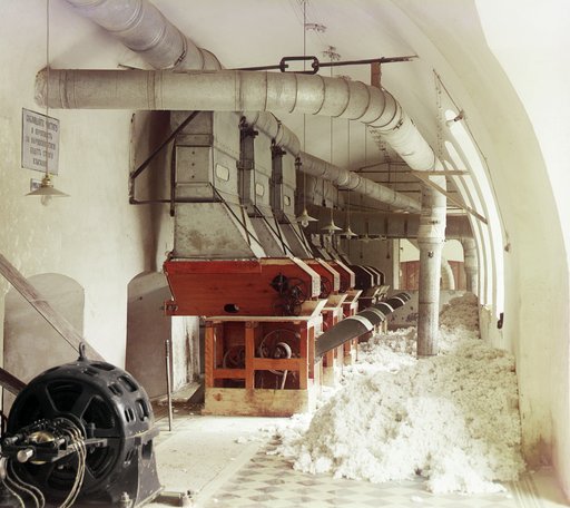 Cotton textile mill interior, probably in Tashkent