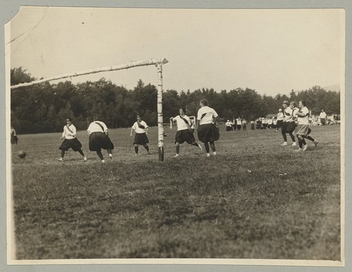 Sargent girls playing soccer football. "This is the first girls school to take up such a strenuous sport"