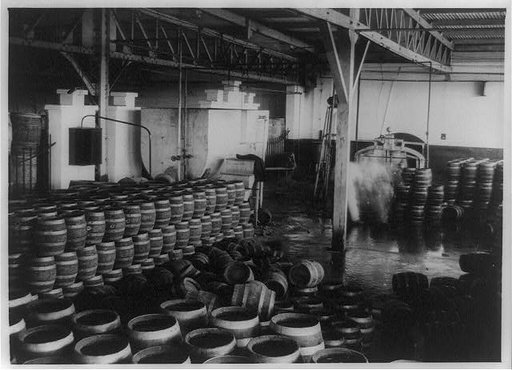 Barrels of confiscated(?) liquor in building