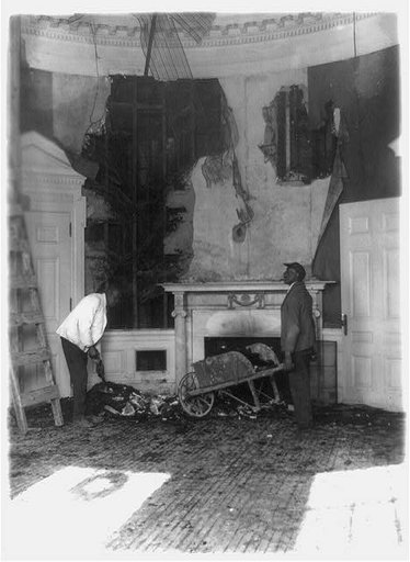 Scene in the private office of Pres. Hoover showing the effects of the fire which practically destroyed the Executive Offices