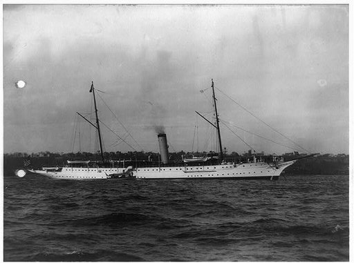 Starboard view of the presidential yacht Mayflower with bow to right