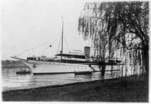 Where President and Mrs. Coolidge were entertained today; "Lydonia," [i.e. Lyndonia] the yacht of Cyrus H. K. Curtiss [i.e. Curtis], now anchored off Haines [i.e. Hains] Point in the Potomac River on which the President and Mrs. Coolidge were entertained at luncheon today
