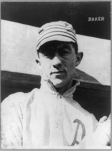 John Franklin Baker, baseball player for Philadelphia Athletics, head-and-shoulders portrait, facing front, wearing baseball uniform