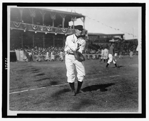 Roger Patrick Bresnahan, catcher for New York baseball team, ready to catch ball