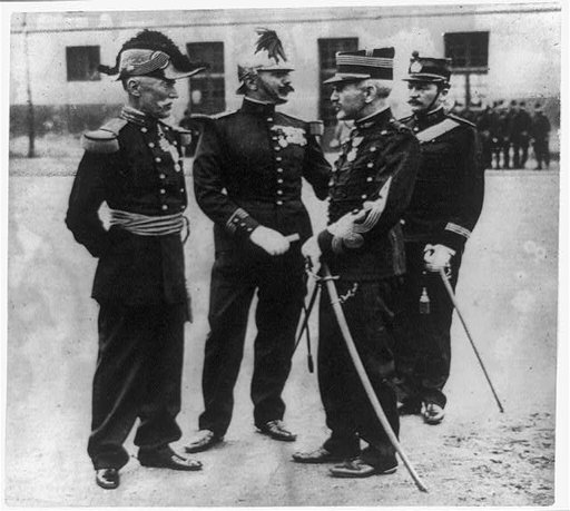 Capt. Alfred Dreyfus, full-length portrait, standing, facing left, with three other French military officers, all in uniform