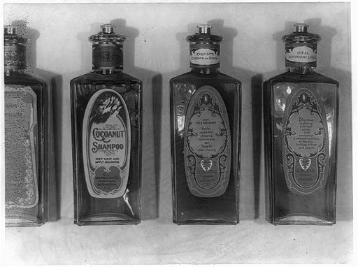 Bottles of shampoo and lotions manufactured by the C.L. Hamilton Co. of Washington, D.C.