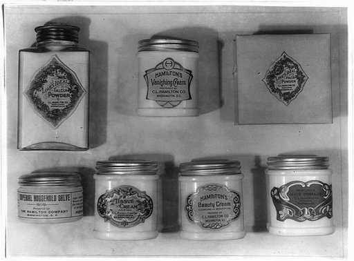 Talcum powder, household salve, face creams, hair pomade, and face powder manufactured by the C.L. Hamilton Co. of Washington, D.C.