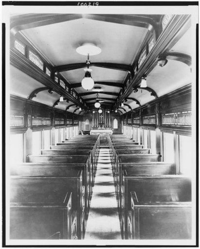 "Wheeled cathedral" pays a visit. The interior of the chapel car "St. Paul" which is being exhibited here ...