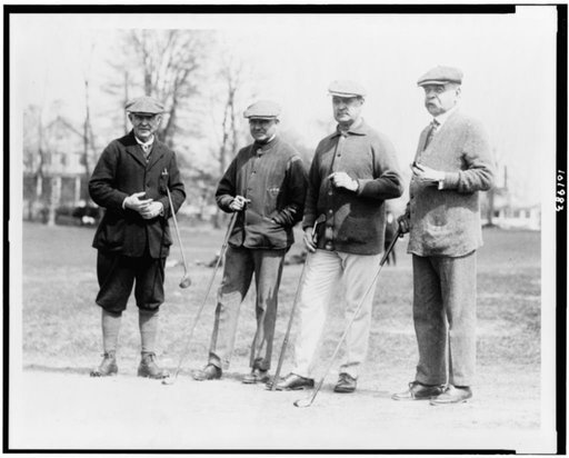 Left to right: Secty. of Interior Judge John Barton Payne, Moreven(?) Thompson of Washington, D.C., Secty. of Treasury David Franklin Houston, ex-Senator Willard Saulsbury, photographed at the Chevy Chase Club, Chevy Chase, Maryland