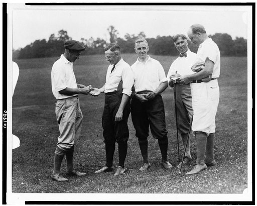 Left to right: G... of Washington, Martin(?) of Atlanta, Randall of Newark, Ellis of Newark, and Willey of Philadelphia on golf course, in the Washington, D.C., area(?)