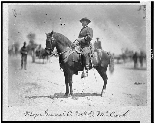 Major General Alexander McDowell McCook, full-length portrait seated on horseback, facing left