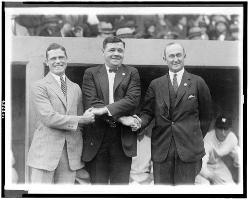 Three base ball stars here for the World Series. L. to R: George Sisler, Babe Ruth and Ty Cobb