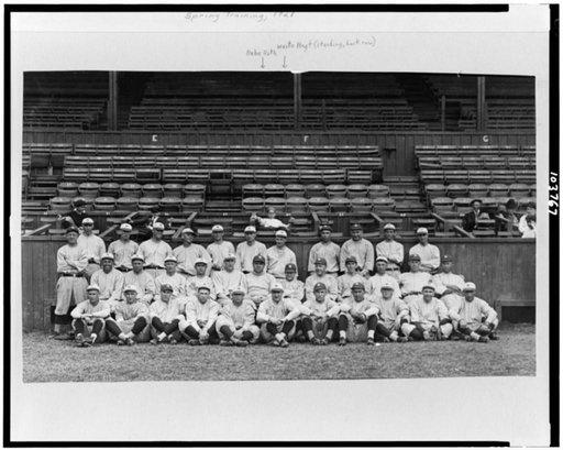 Yankees at New Orleans, posed in front of bleachers, spring training, Babe Ruth in center