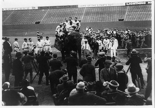 Members of the Republican team of the House of Representatives parading with an elephant before start of House of Representatives baseball game at American League park