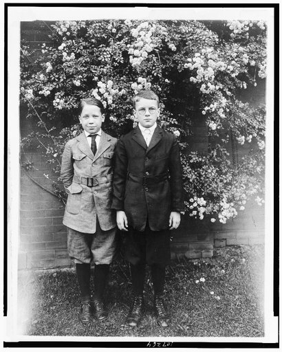 Two boys posed, standing in front of wall and blooming tree