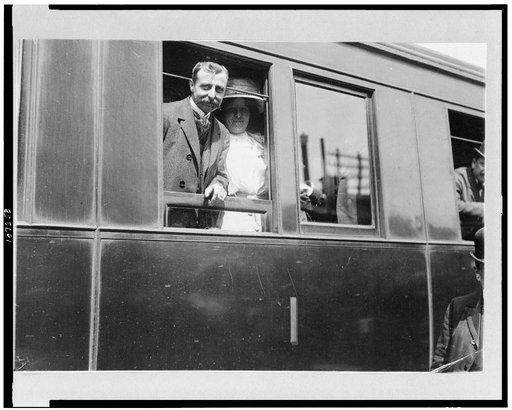 Louis Blériot on his return with wife on train from Calais to Paris