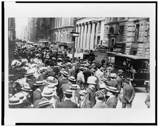 Crowd on Wall Street before Trinity Church, New York City