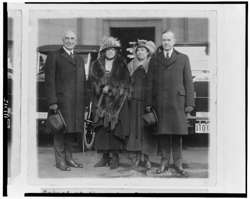 President and Mrs. Harding and Vice President and Mrs. Coolidge standing at Union Station, on their arrival for the inauguration
