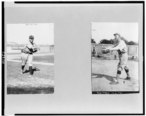 George Bostic Whitted, baseball player for St. Louis and Philadelphia, full-length, facing right, swinging bat; and full-length, facing left, catching ball
