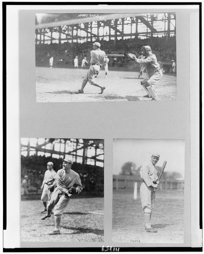 Lawrence Joseph Doyle, baseball player for New York NL, full-length, facing left, swinging bat; full-length, facing left, throwing ball; and full-length, standing, facing front, holding bat