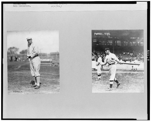 Frederick Charles Merkle, New York NL baseball player, full-length portrait, standing, facing slightly left, holding bat; and on the right, Charles "Buck" Herzog, full-length, facing left, swinging bat