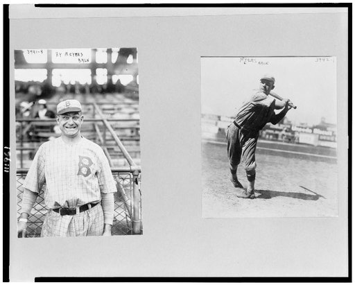 Henry Harrison Myers, Brooklyn NL baseball player, half-length portrait, standing, facing front; and full-length, facing slightly left, swinging bat