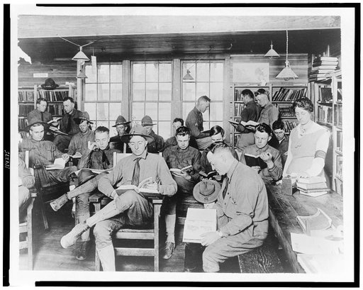 U.S. soldiers reading books in YMCA library, Vancouver barracks