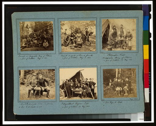 Portrait photographs of soldiers and servants from various Union headquarters; also shows photographer's tent, topographical engineer corps, and portraits of George A. Custer
