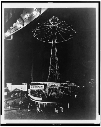 Night view of rides, games of skill, etc., at the Glen Echo amusement park in Maryland, near Washington, D.C.