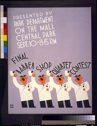 Final barber shop quartet contest presented by Park Department on the Mall, Central Park Sept. 10, 8:15 p.m.