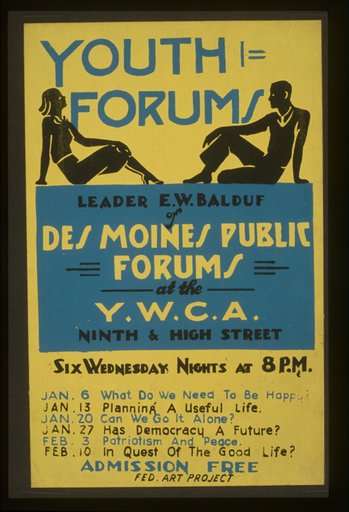 Youth forums Leader E.W. Balduf of Des Moines Public Forums at the Y.W.C.A. Ninth & High Street.