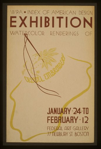 WPA Index of American Design exhibition Watercolor renderings of crewel embroidery.