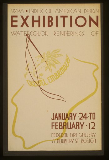 WPA Index of American Design exhibition Watercolor renderings of crewel embroidery.