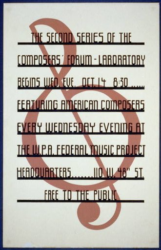 The second series of the composers' forum Laboratory begins Wed. eve., Oct 14, 8:30 : Featuring American composers every Wednesday evening at the W.P.A. Federal Music Project Headquarters.